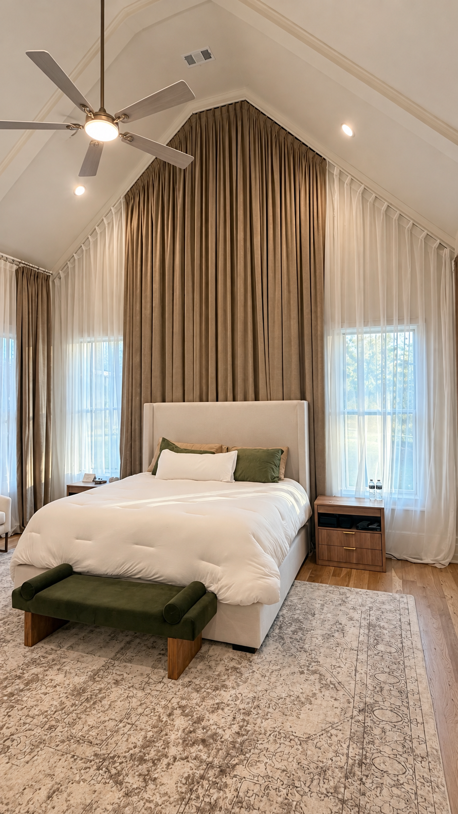 Audubon Suite king bedroom and layered vaulted curtains