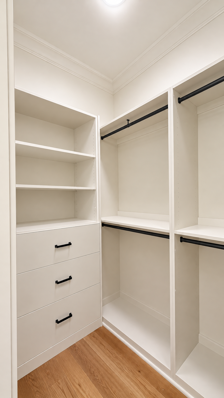 Audubon Suite empty walk-in closet with hanging rods and drawer storage