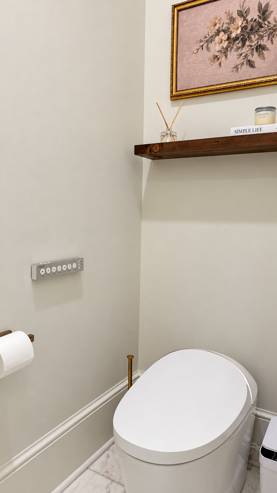 Audubon Suite heated smart bidet toilet and decorative shelf