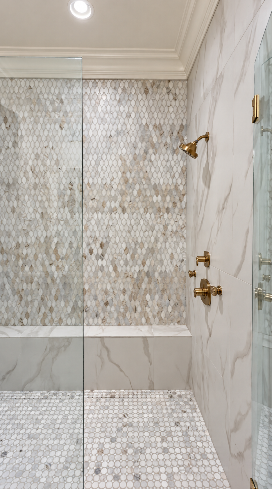 Audubon Suite marble walk-in shower with brass fixtures