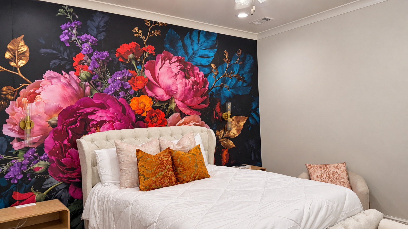 The Bloom Room bed and floral accent wall from an angle