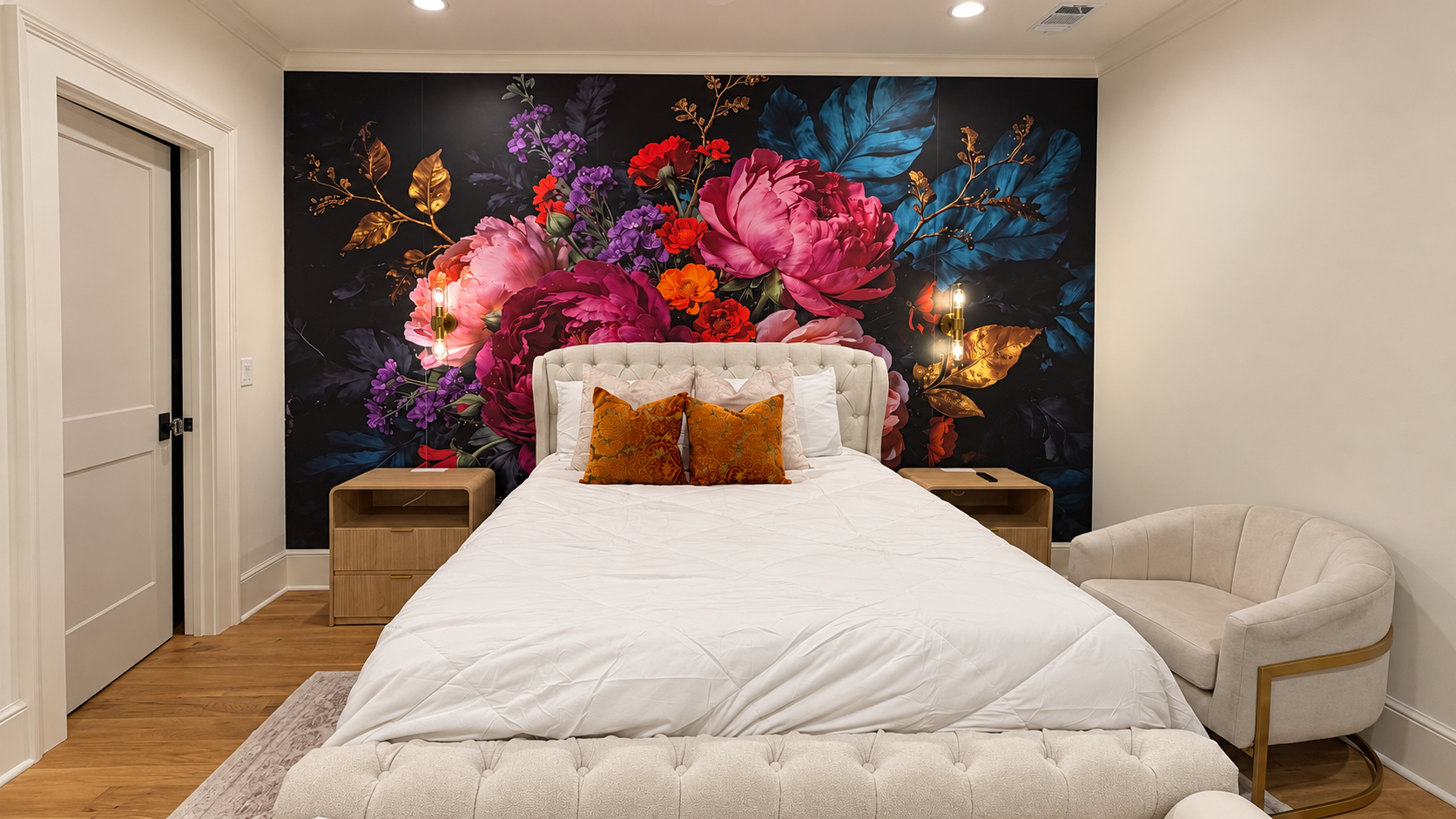 The Bloom Room bedroom with dramatic floral mural
