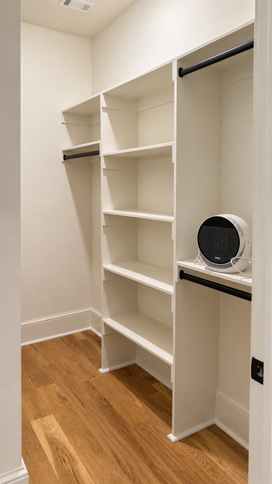 The Bloom Room walk-in closet with built-in shelving