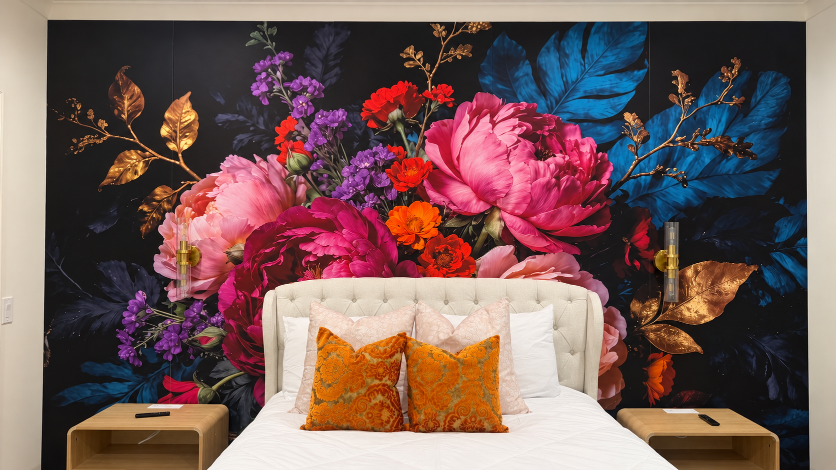 The Bloom Room tufted bed against the floral mural