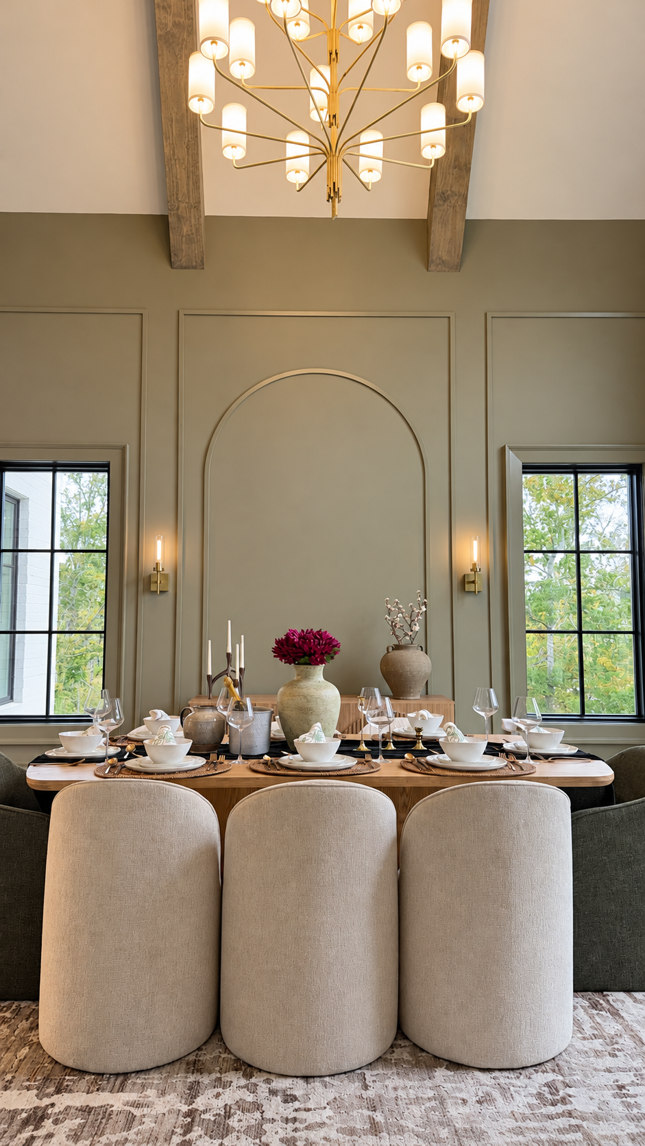 Fully set dining room beneath the brass chandelier