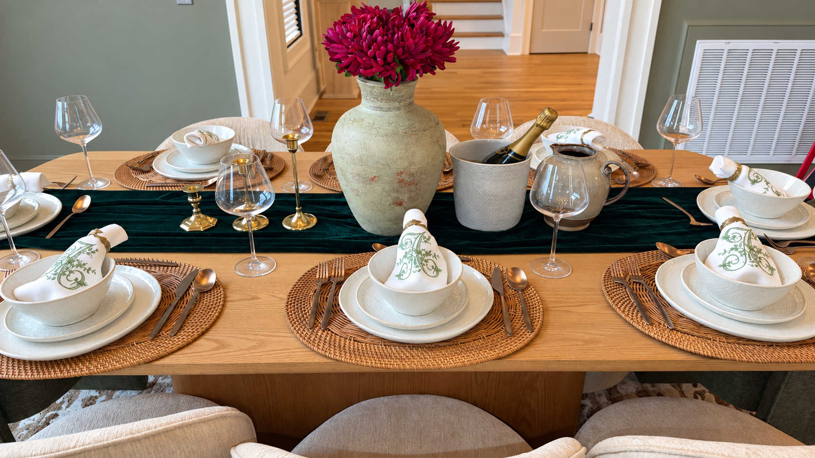 Fully set dining table with floral centerpiece