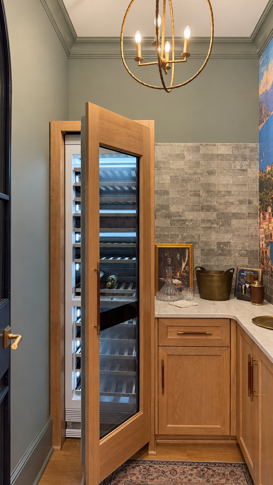 Wine cellar with the tall wine refrigerator open