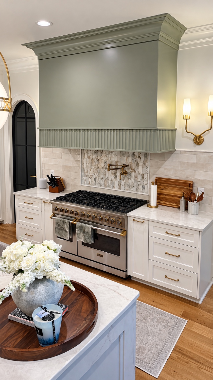 Viking range with green hood and brass pot filler