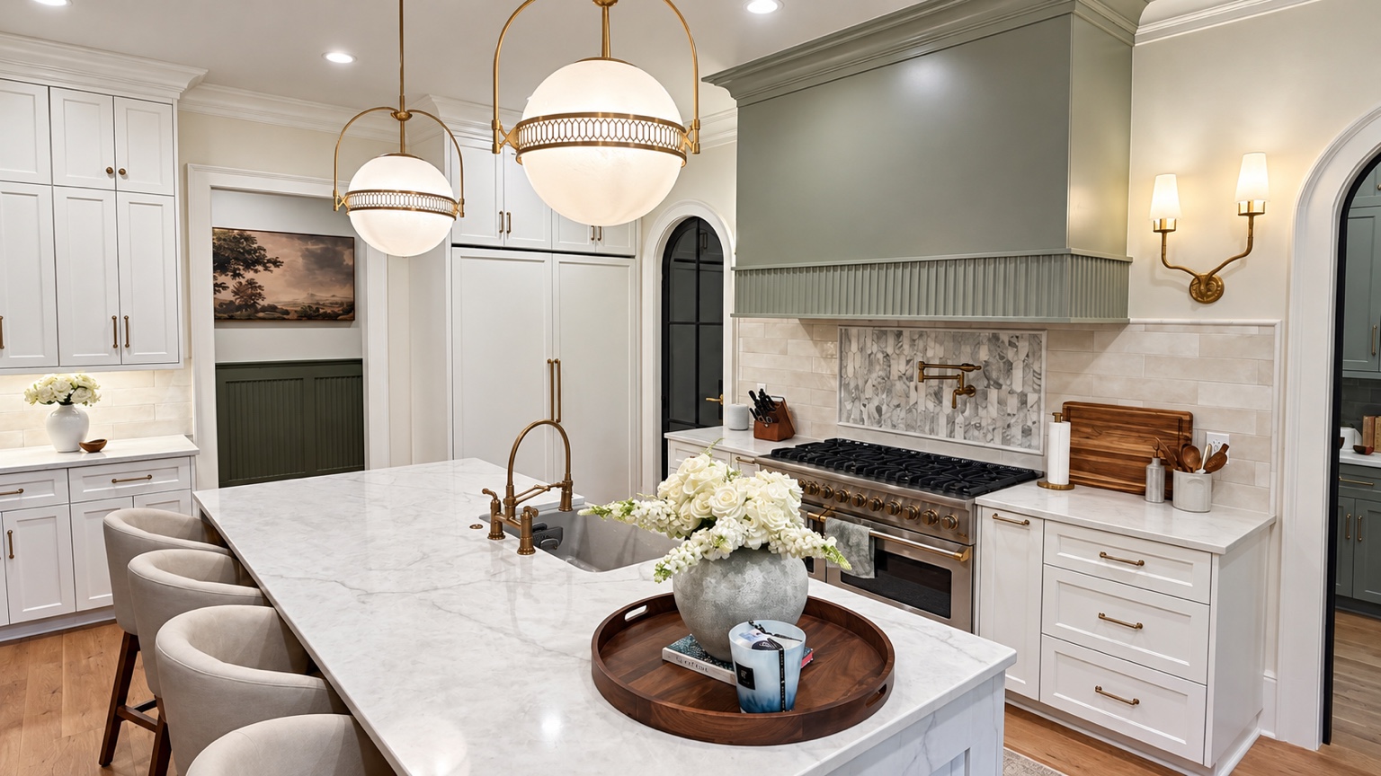 Wide kitchen view with island, Viking range and globe pendants