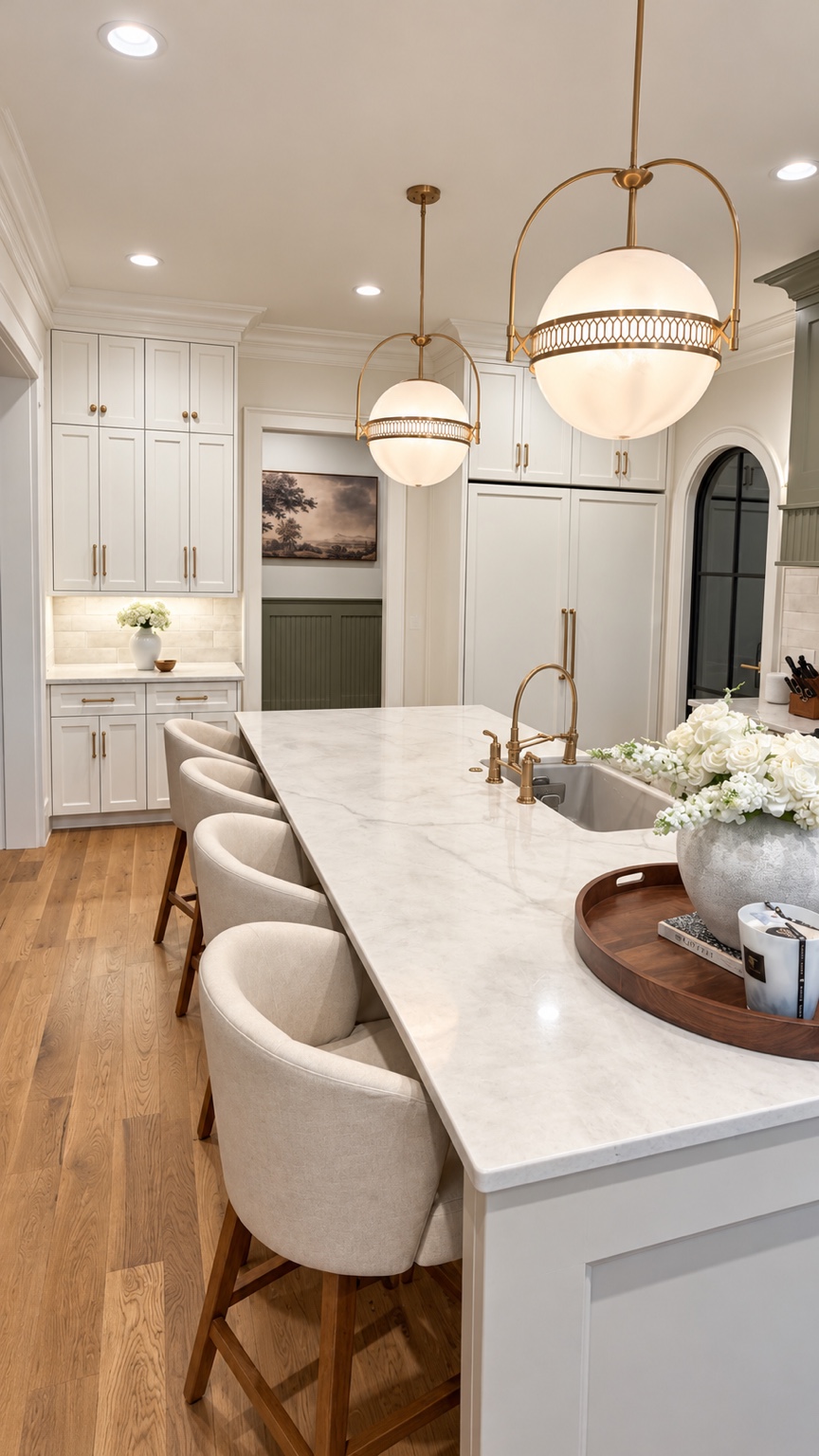 Kitchen island seating and globe pendant lighting