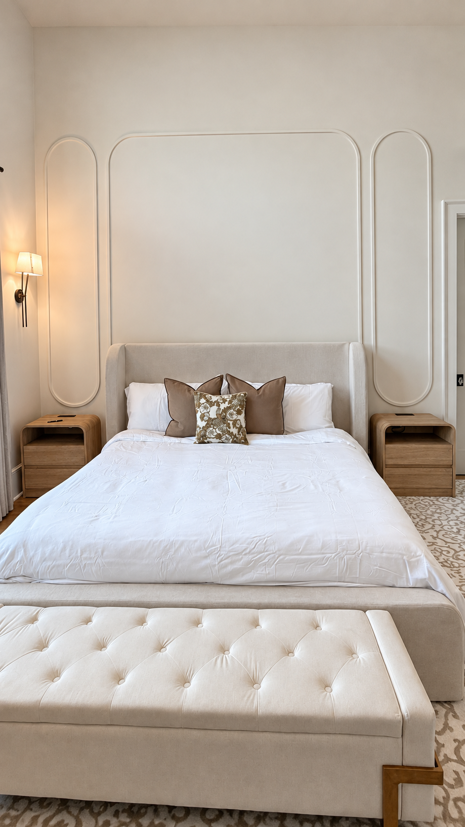The Meridian Suite California king bed and symmetrical wall molding