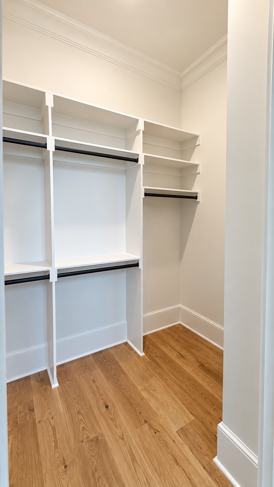 The Meridian Suite empty walk-in closet with built-in shelving