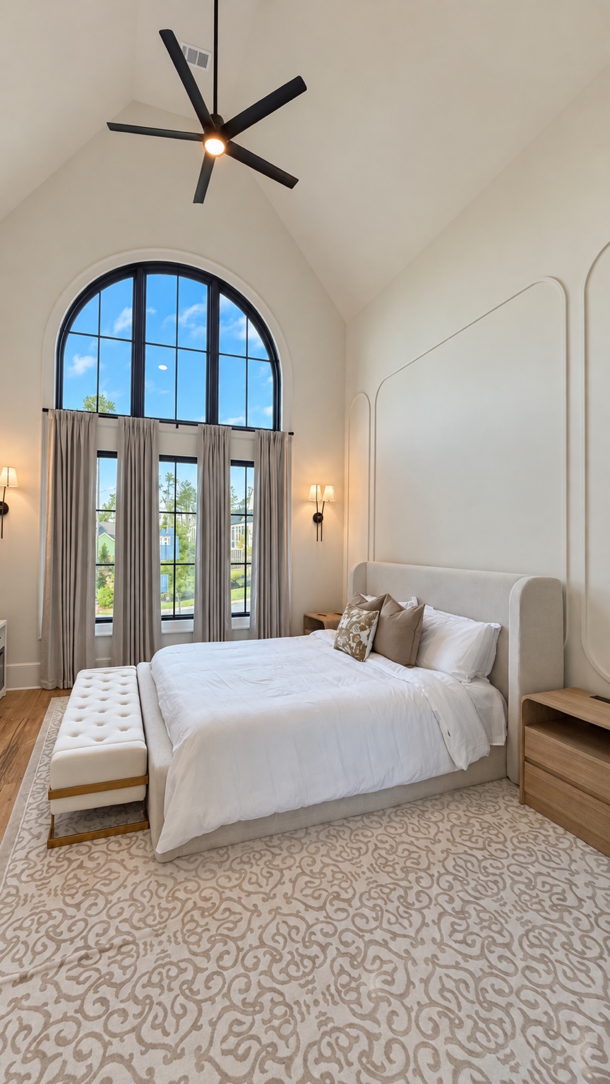 The Meridian Suite California king bed beneath vaulted ceiling and arched windows