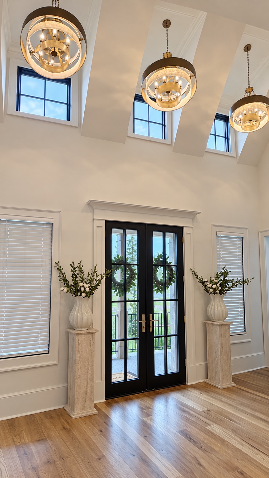 Vaulted foyer with chandeliers and black French doors
