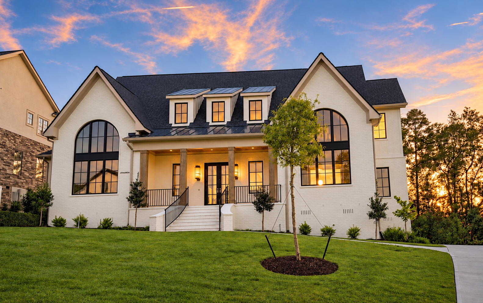 Front exterior of the River Island Executive Residence at sunset